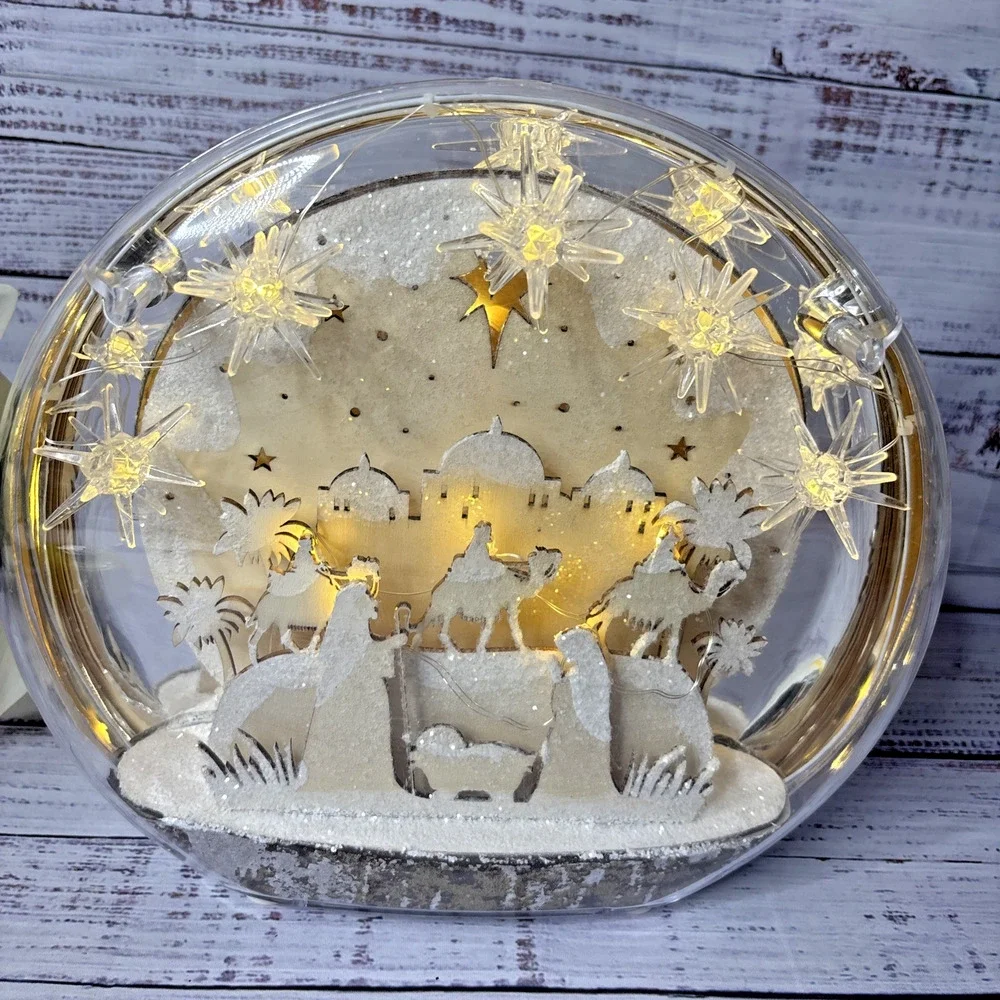 Lighted Nativity Scene Disc Christmas Globe Holy Family Bethlehem Silhouett